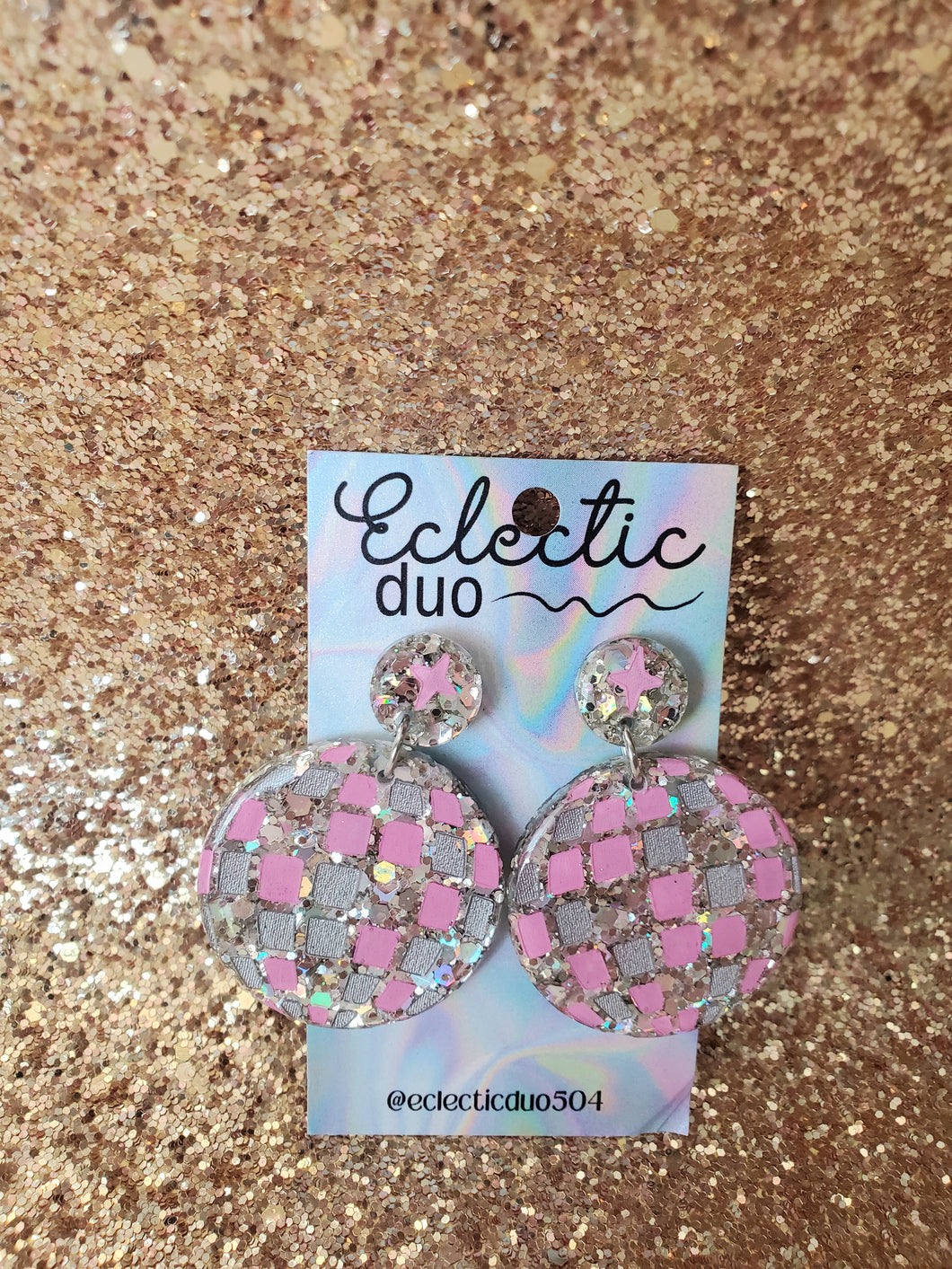 Pink Silver Disco Ball Glitter Resin Dangle Earrings