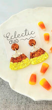 Load image into Gallery viewer, *NEW* Fall Candy Corn Glitter Shiny Resin Drop Dangle Earrings