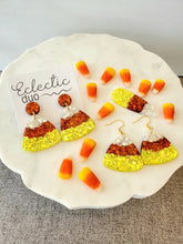 Load image into Gallery viewer, *NEW* Fall Candy Corn Glitter Shiny Resin Drop Dangle Earrings