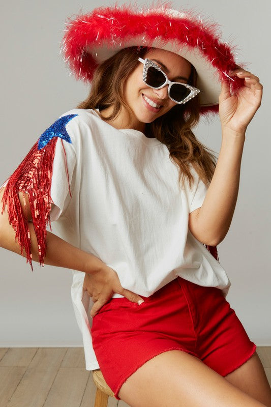 Americana Star Sequin Fringe Hi-Lo Oversized Top * plus size fit *