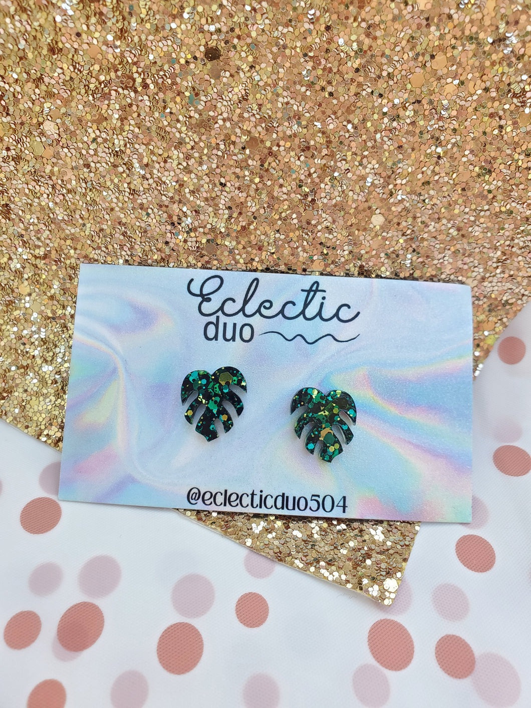 Monstera Leaf Glitter Stud Earrings