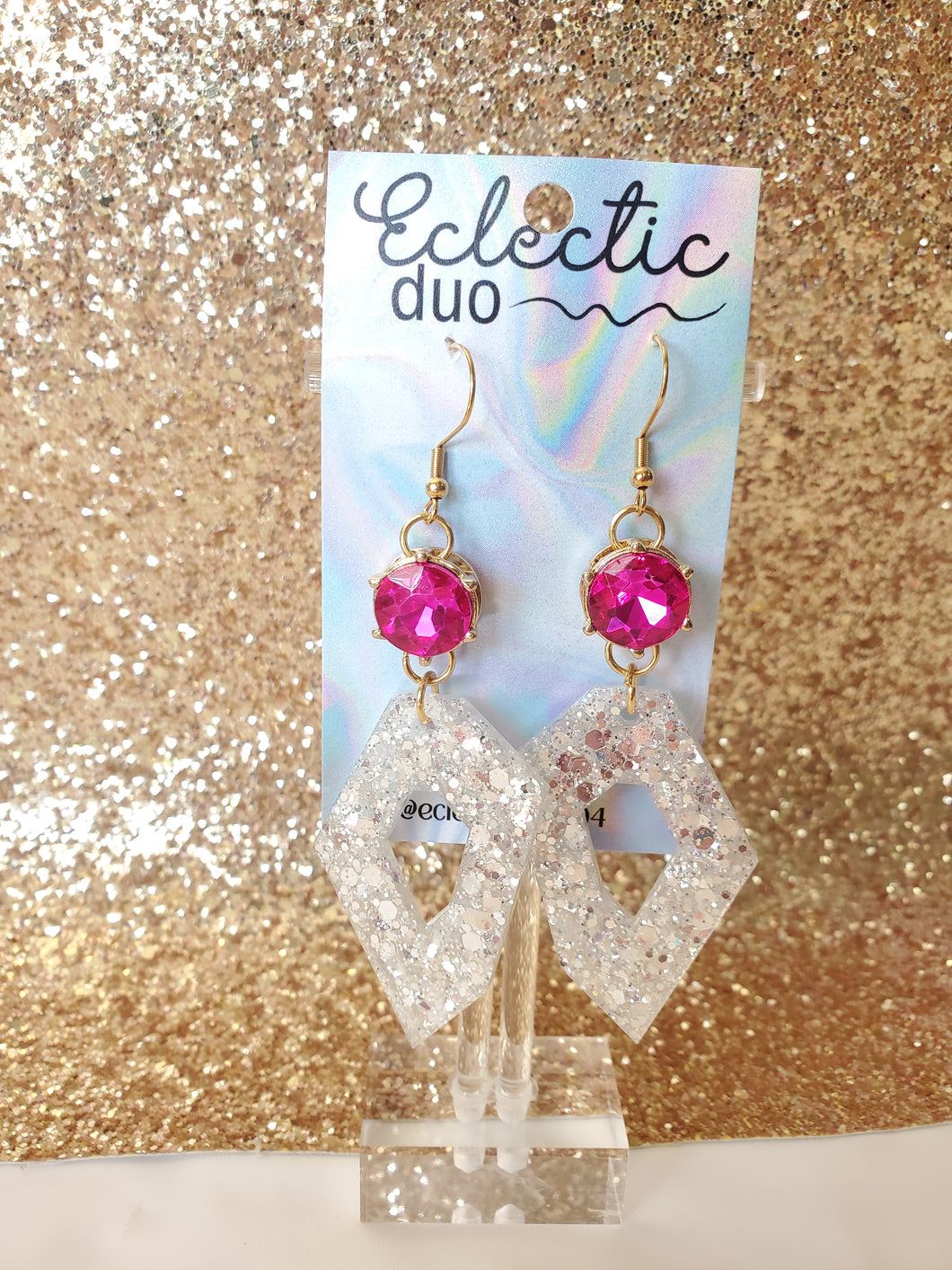 Gemstone Diamond Shaped Glitter and Jewel Dangle Earrings