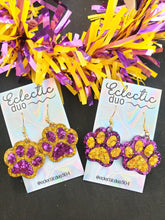 Load image into Gallery viewer, glitter-resin-earring-shiny-sparkle-dangle-paw-tiger-purple-gold-game-day-statement-earrings-dangle
