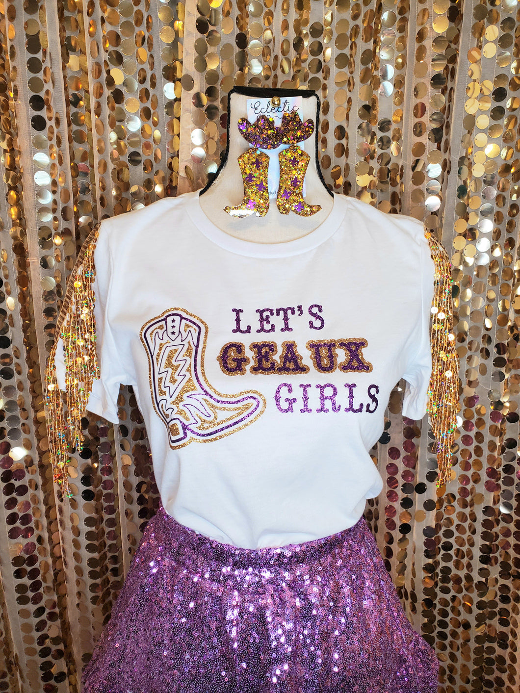 Glitter Cowboy Boot Geaux Girls Tiger Gameday T Shirt w/Sequin Fringe Trim