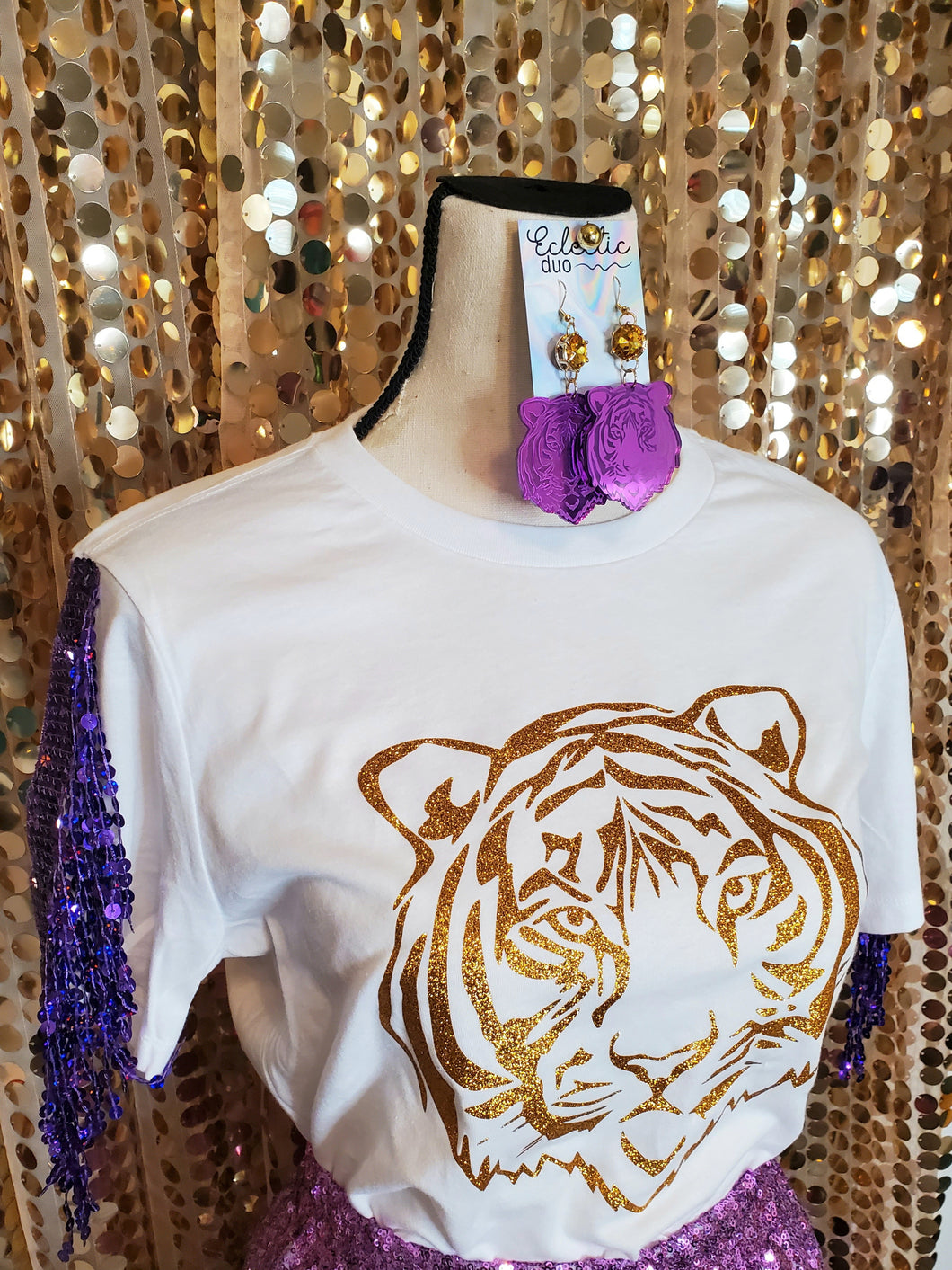 Glitter Tiger Gameday T Shirt Solid Color w/ Sequin Fringe Trim