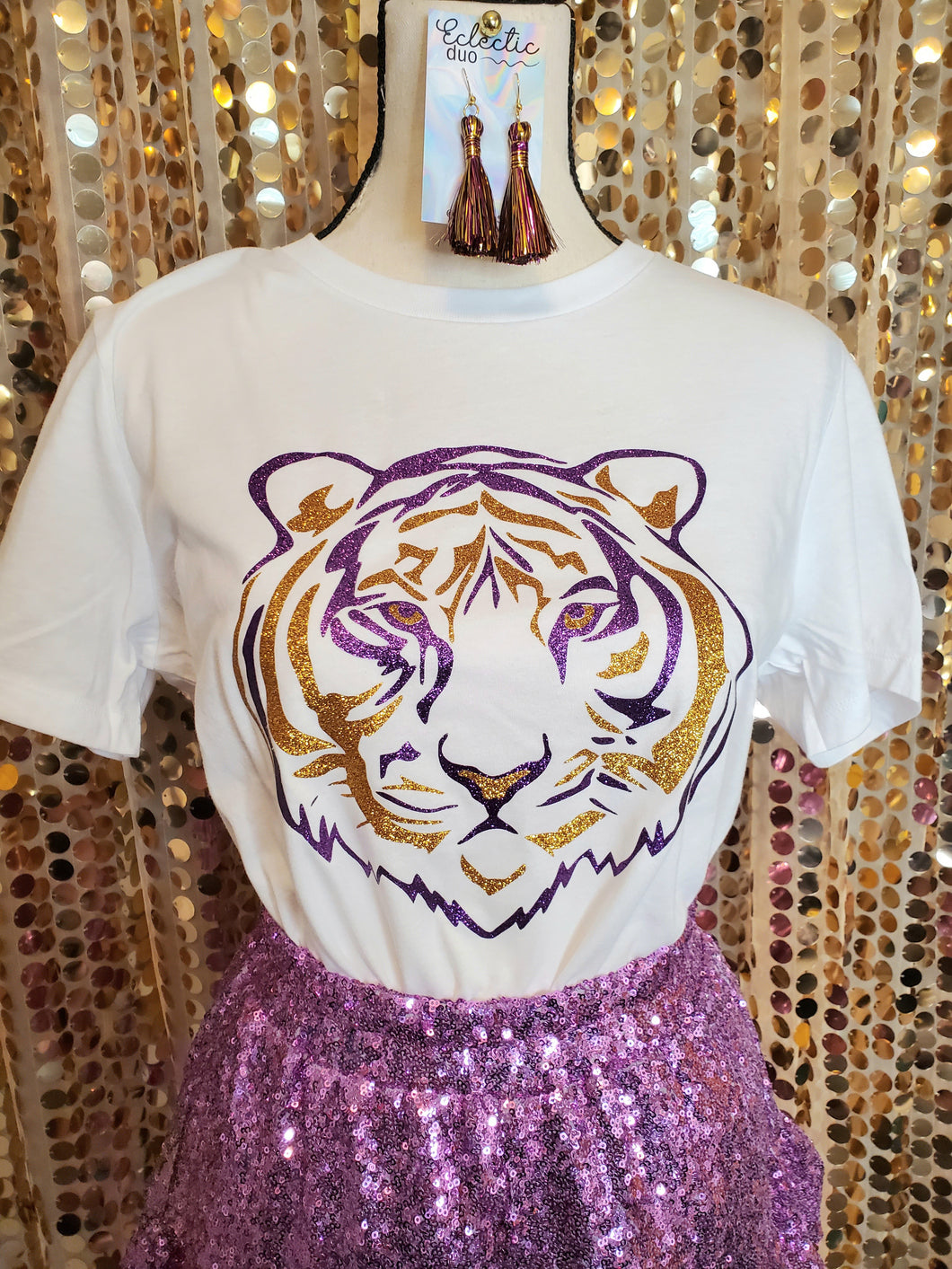 Two Color Glitter Tiger Face Purple Gold Gameday T Shirt