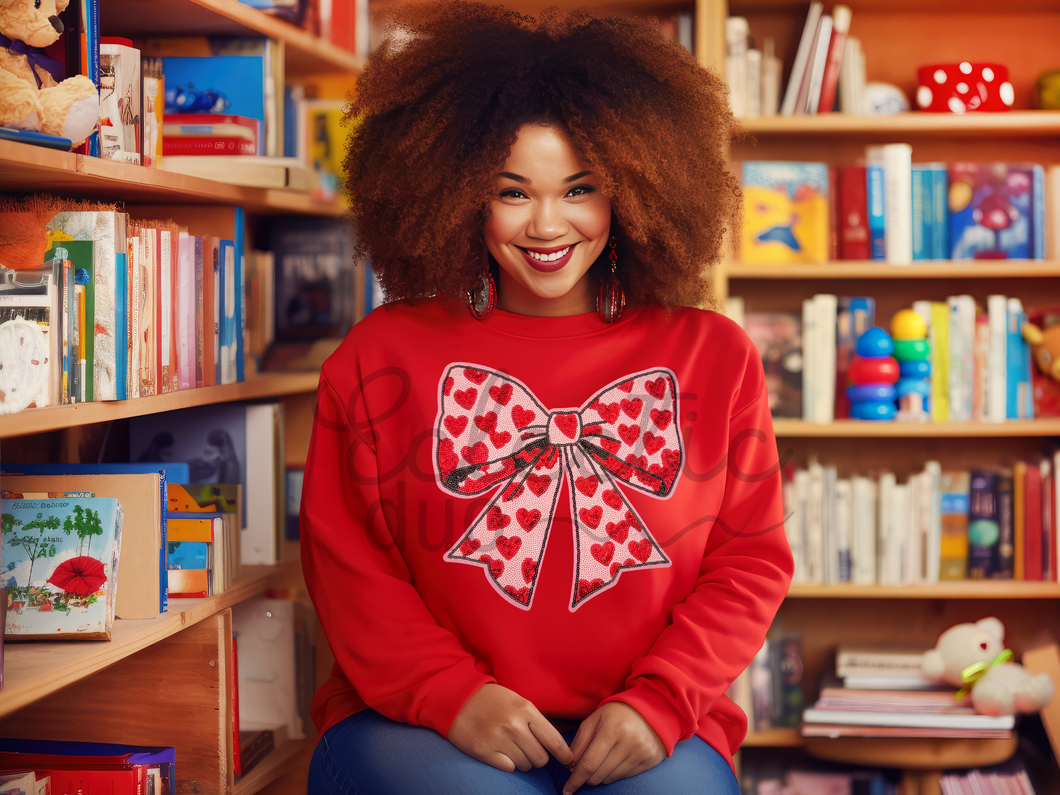 Pink and Red Heart Bow Valentine's Day Sequin Patch Pullover