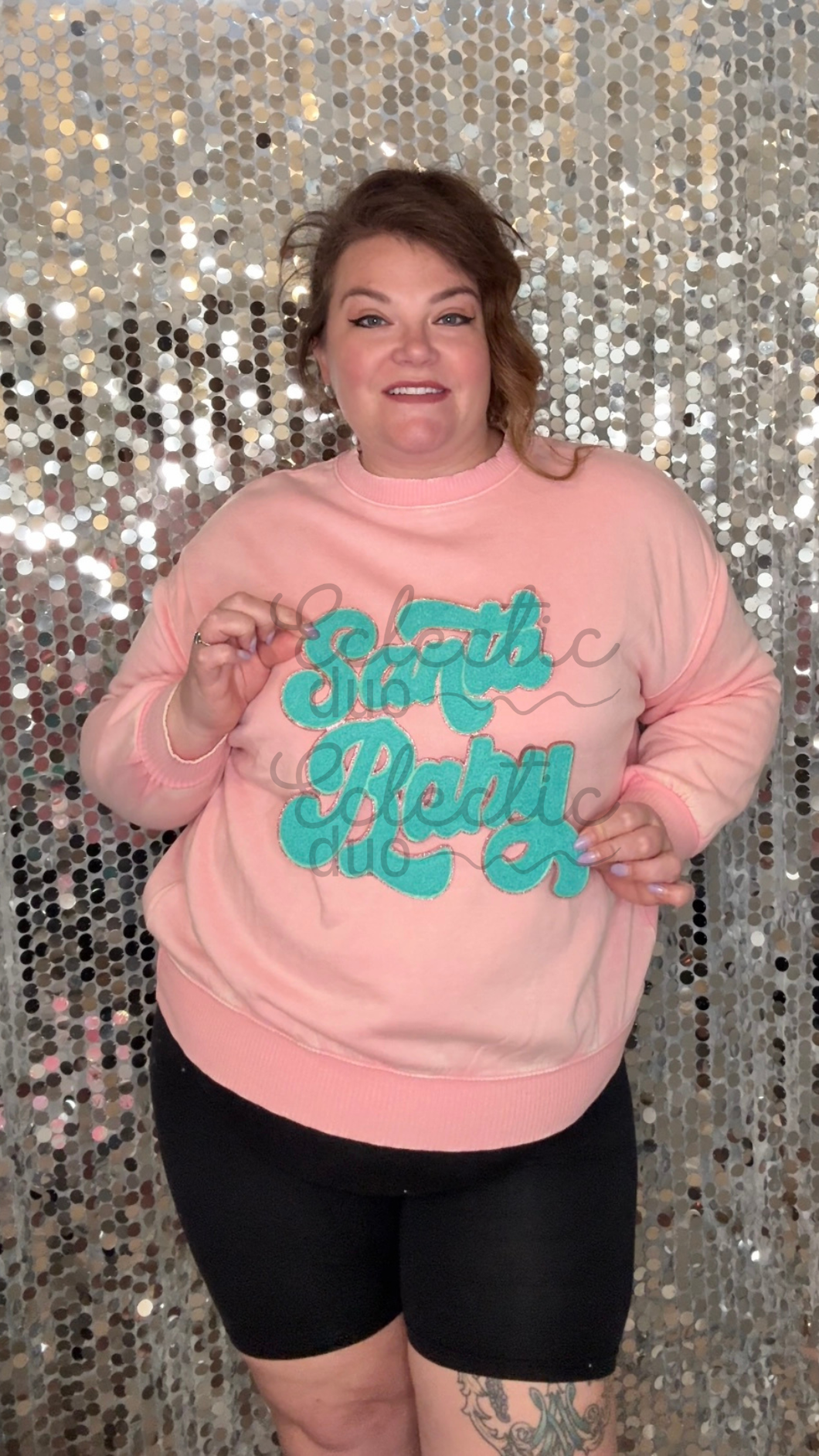 Light Pink Acid Wash Holiday Sparkles Sequin Patch Sweater