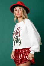 Load image into Gallery viewer, Holly Jolly Metallic Tinsel Sequin Holiday Sweater Crop Fit
