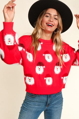 Fuzzy Metallic Santa Red Holiday Sweater *full size run, plus size*