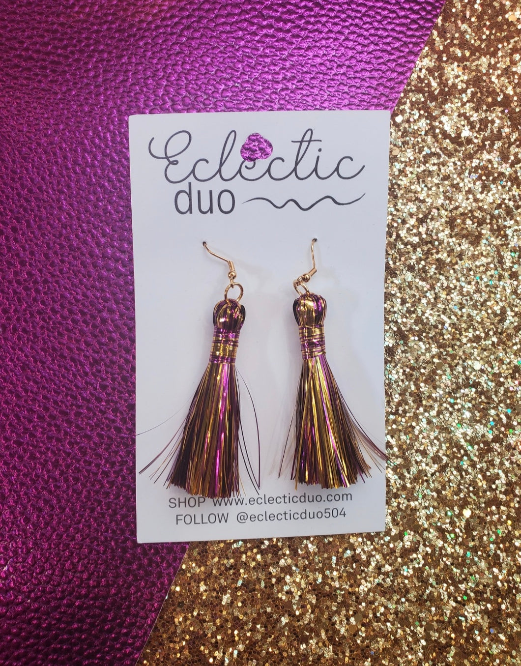 Purple Gold Metallic Tinsel Tassel Dangle Earrings