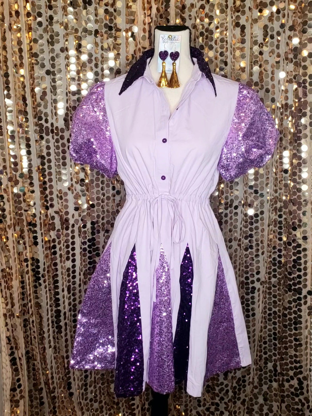 Purple Lilac Sequin Puff Sleeve Dress