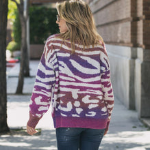 Load image into Gallery viewer, purple-gold-animal-print-zebra-stripe-game-day-tigers-tiger-stripe-magenta-pink-sweater-pullover-long-sleeve-plus-size-curvy
