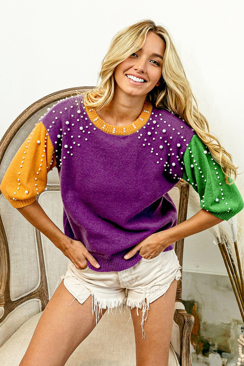 Mardi Gras Pearl Detail Color Block Sweater Top