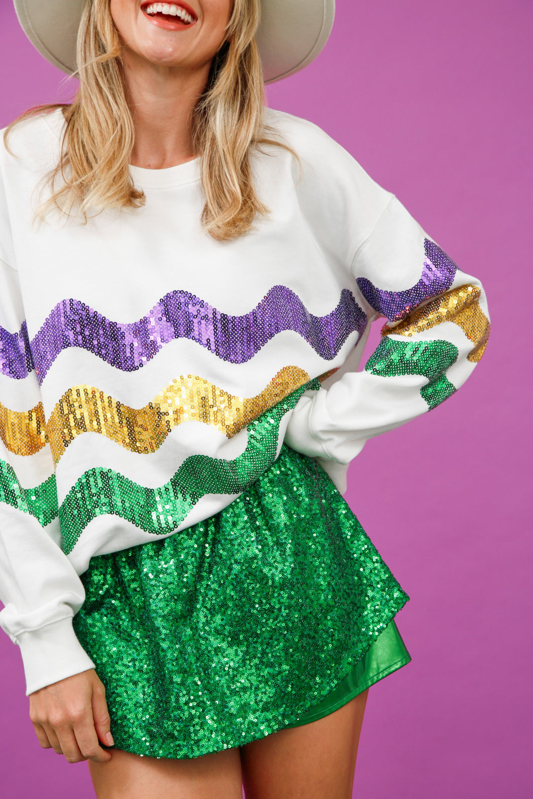 Mardi Gras Sequin Wave Detail Pullover Sweater