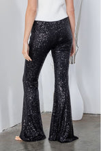 Load image into Gallery viewer, sequin-shiny-black-glitter-flare-pant-zipper-plus-size-game-day-elegant-glam-holiday-saprkle-bottom

