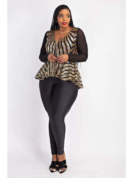 Black and Gold Sequin Mesh Peplum Top Plus Size