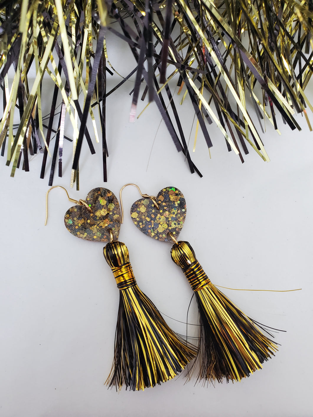 Black n Gold Heart Glitter Metallic Tinsel Tassel Earrings Game Day Earrings