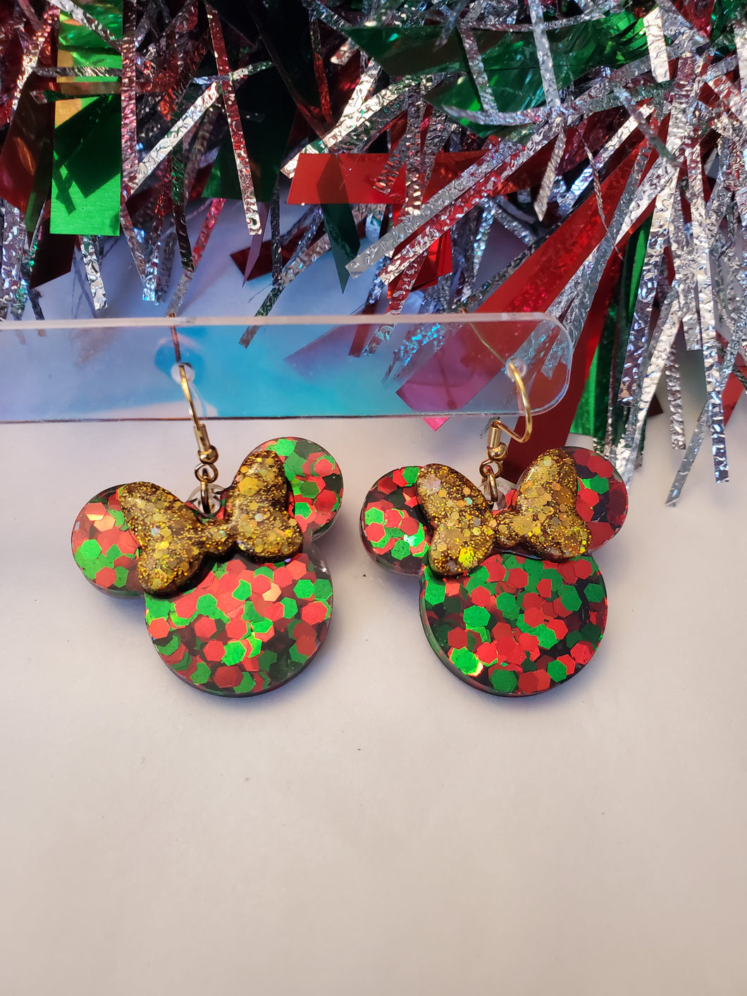 Mouse Holiday Glitter Dangle Earrings