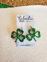 Load image into Gallery viewer, Open Clover Green Glutter Dangles
