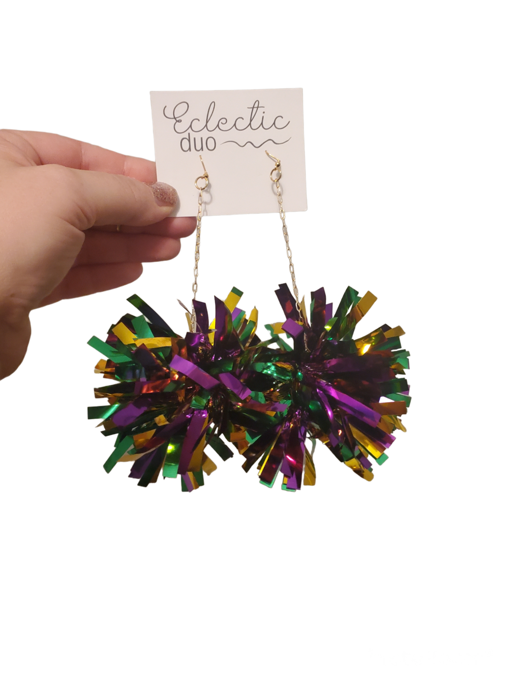 Mardi Gras Pouf Tinsel Chain Earrings