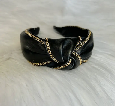 Black Faux Leather Gold Chain Headband