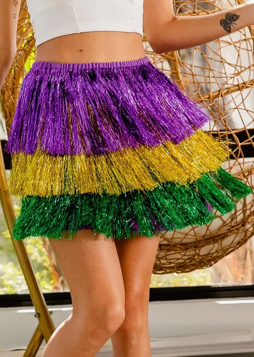 Mardi Gras Color Block Metallic Tinsel Fringe Skirt
